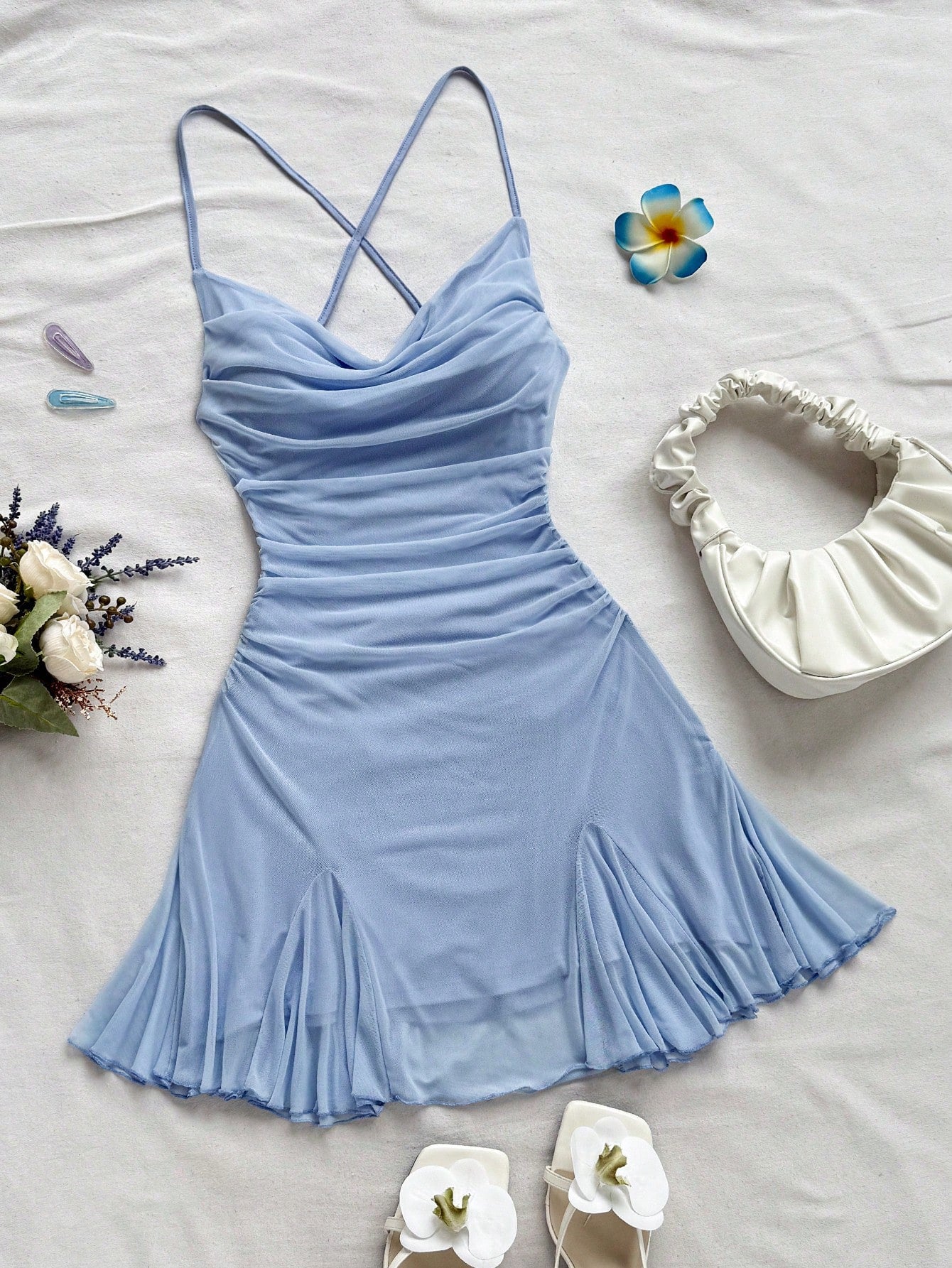 Soleia Women's Light Blue Summer Spaghetti Strap Mini Dress,Draped Neck,Backless,Bowknot,Fishtail Bodycon Mesh Dress,No Chest Padding