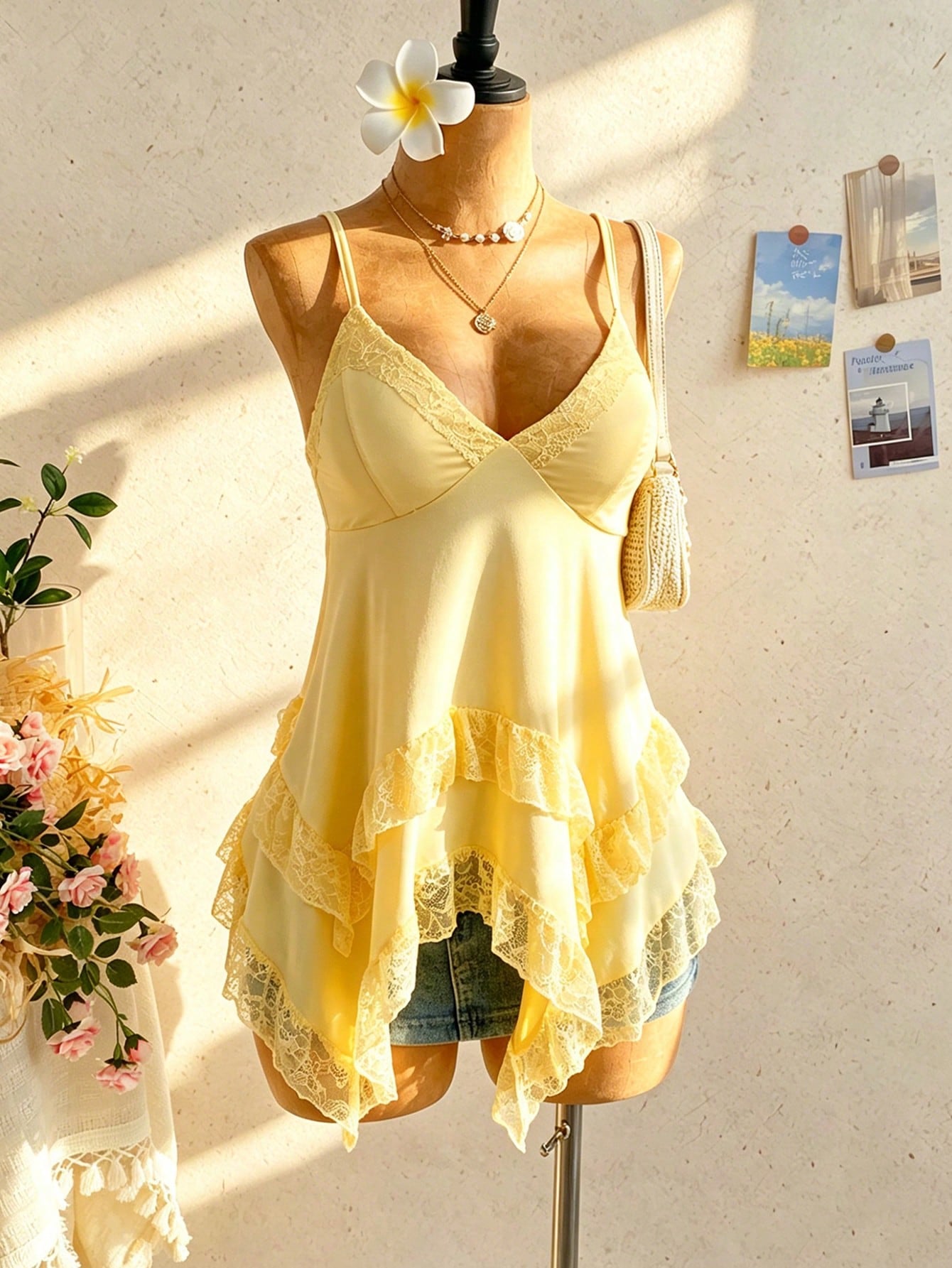 Soleia Women's Solid Color Contrast Lace Asymmetric Hem Camisole Yellow Tops For Women Elegant
