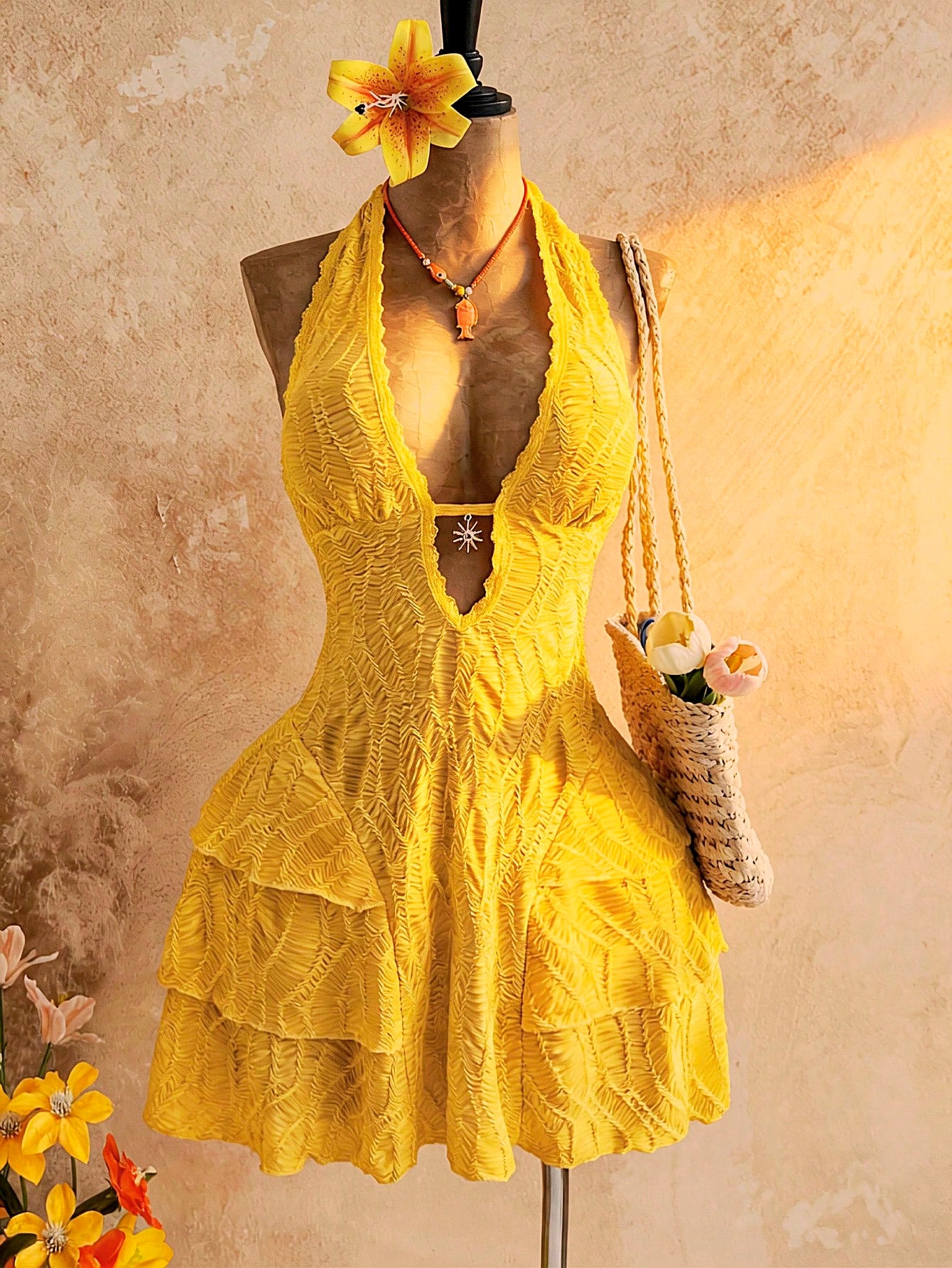 Soleia Women's Yellow Boho Mini Dress, V-Neck Sunflower Decor Halter Tie Backless Multilayer Ruffle Dress,Holiday Vacation Outfits For Beach No Chest Padding