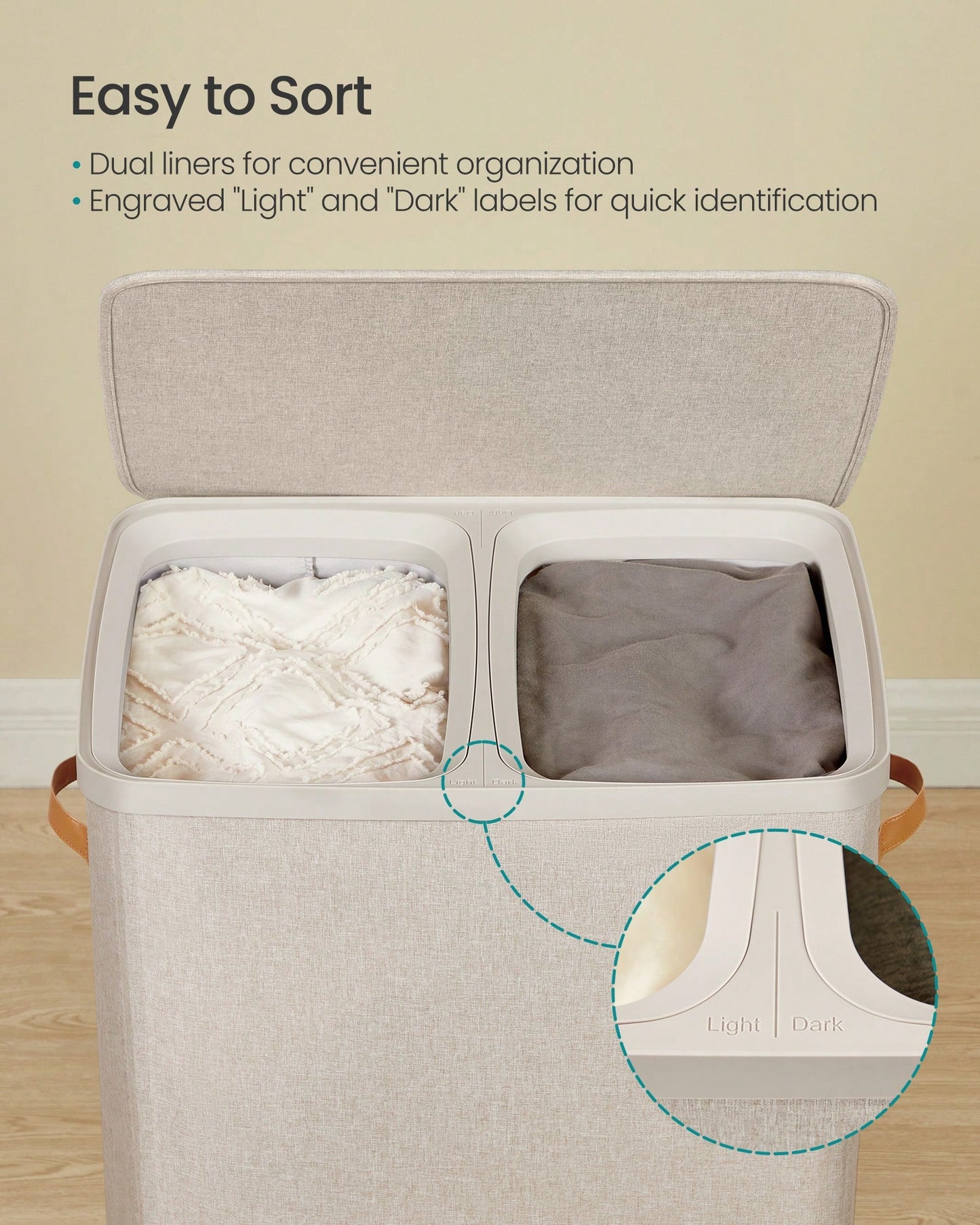 SONGMICS Laundry Basket, 44.9 Gal. Laundry Hamper, 2 Compartments, Easy Assembly, With Lid And Handles, Removable Inner Bags, 22 X 15.7 X 29.5 Inches