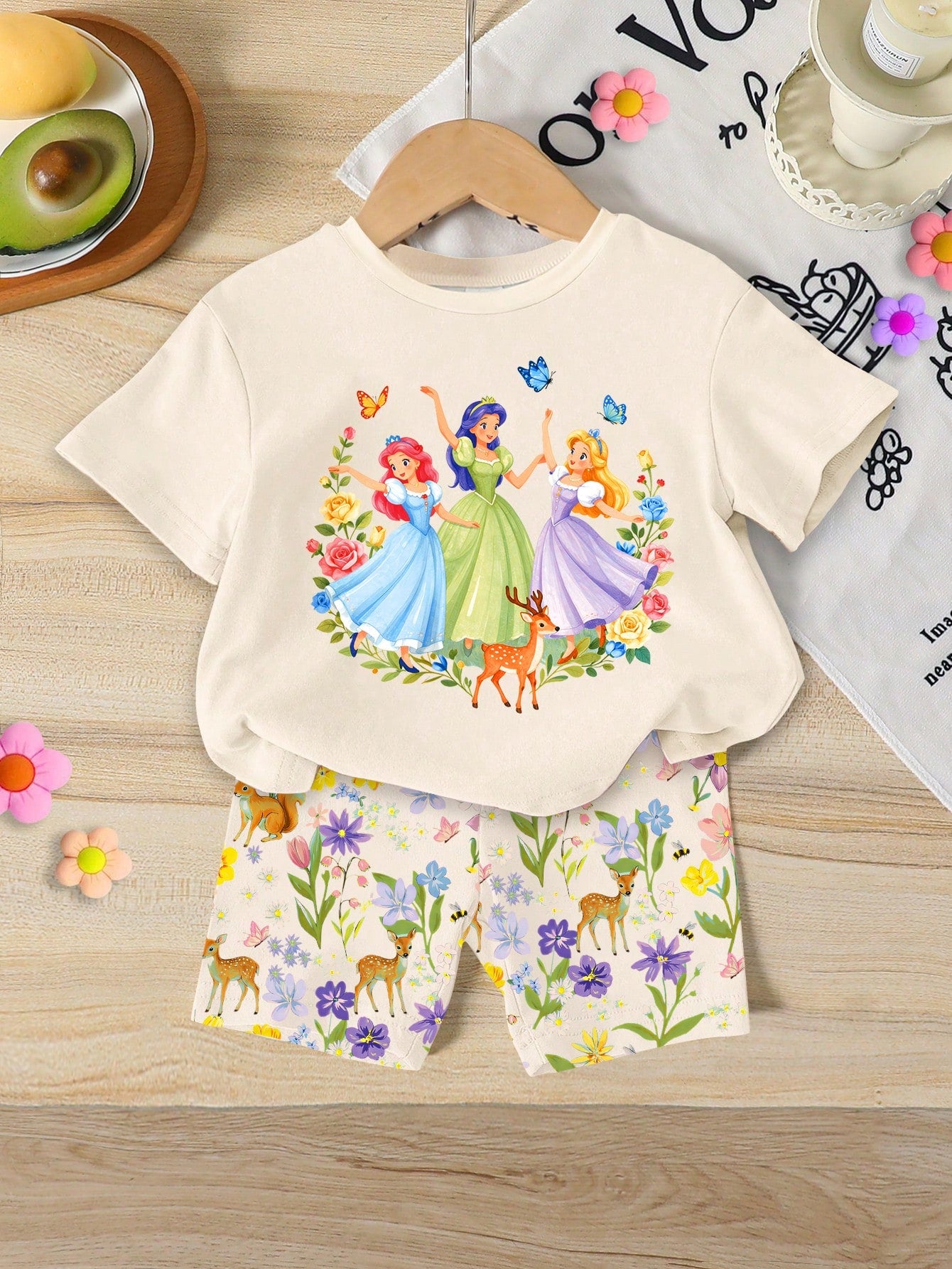 Summer Baby Girl Casual Multi-Piece Set, Brown & Apricot Leopard Print Cartoon Rabbit Pattern, Round Neck Short Sleeve T-Shirt & Shorts