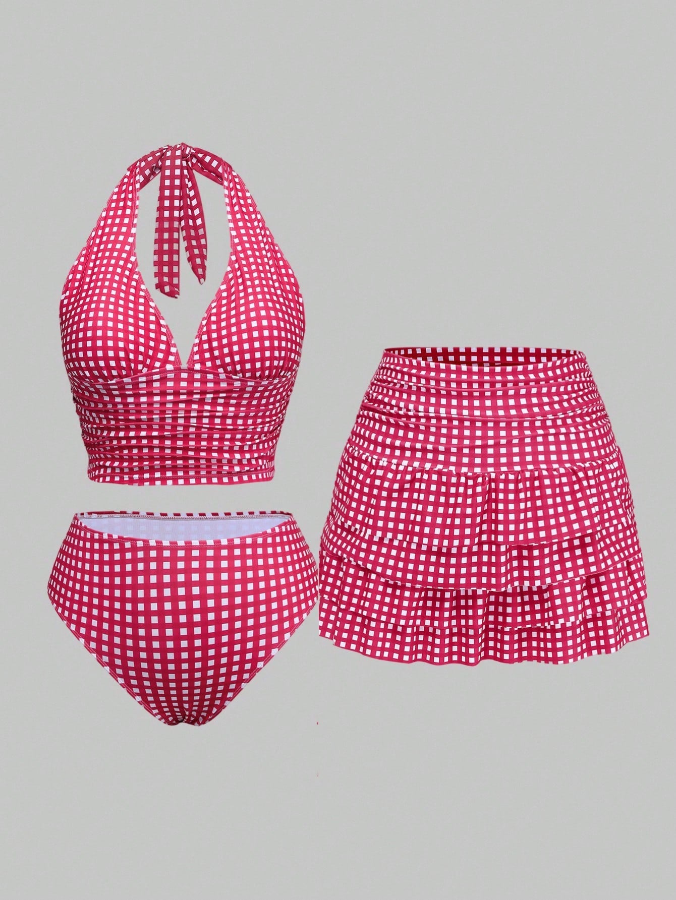 Sweetra Plus Size Women 3pcs Set: Plaid Ruched Tie Camisole Top, Triangle Panty & Sarong Skirt Tankini Swimwear