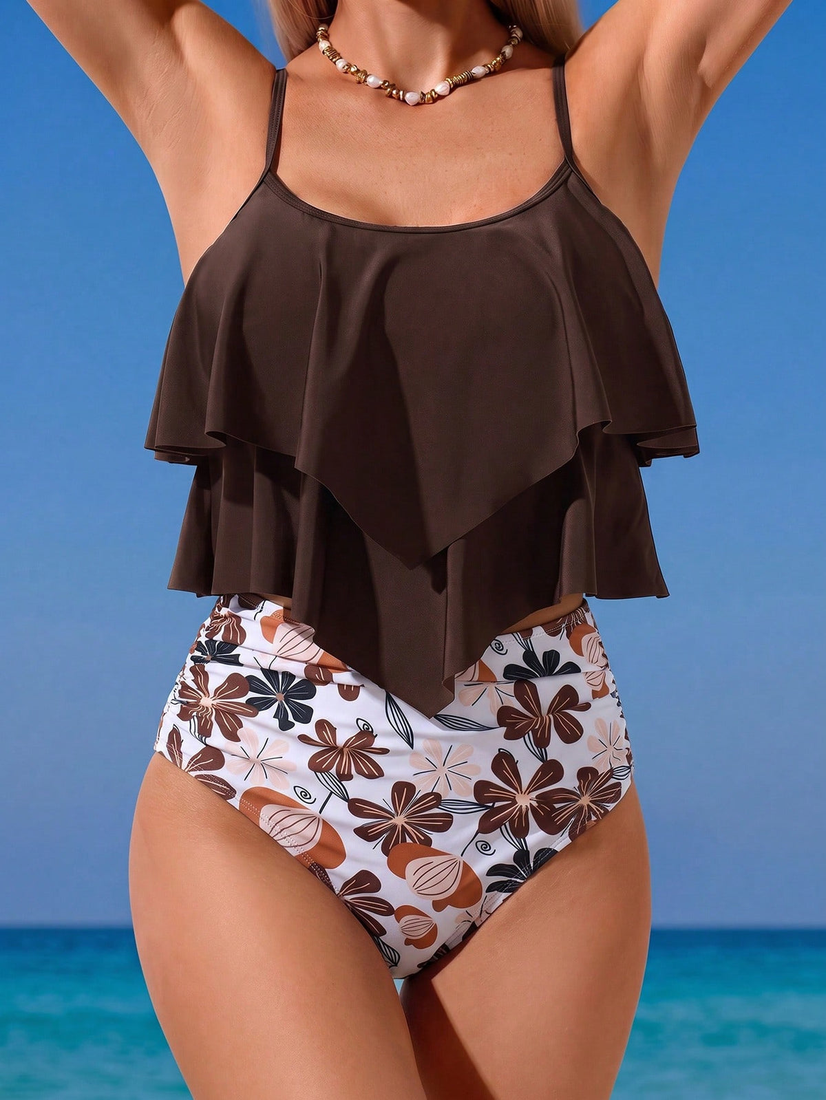 Swim Lushoire 2025 Women's 2-Piece Summer Vacation Ruffle Top & Random Floral Print High-Waist Bottom Swimsuit Set