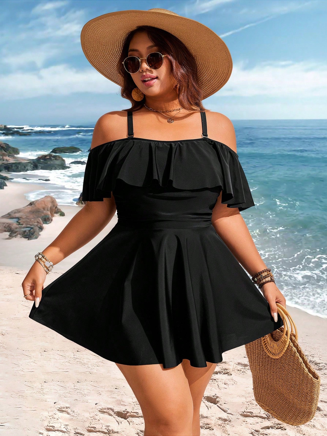 Swim Lushoire Plus Size Women's Solid Color Ruffled Shoulder Vacation Tankini Top For Summer