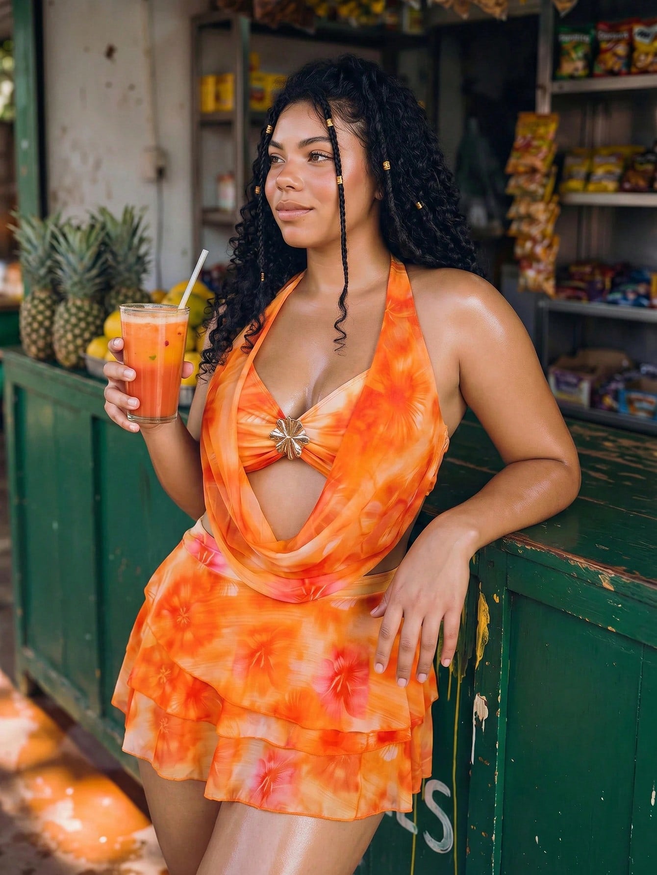 Swim Mod 2026 New Summer Beach Vacation Women's 3-Piece Bikini Set, Light Orange Floral Cake Skirt, Bohemian Style Beach Vacation Swimwear, Elegant Bohemian Style Party Outfit Plus Size Swimsuit Set