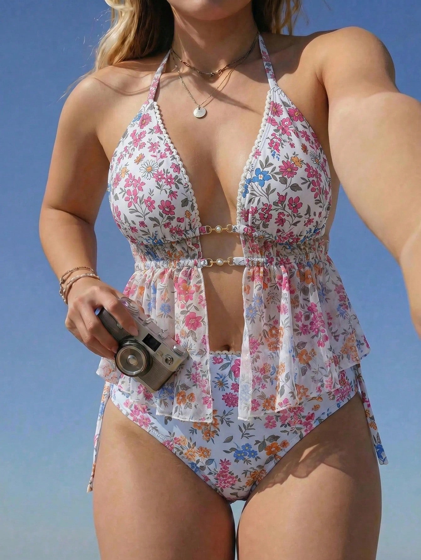 Swim Mod 2026 New Women's Spring/Summer Halter Neck Random Floral Print Beach Swimsuit Set Plus Size