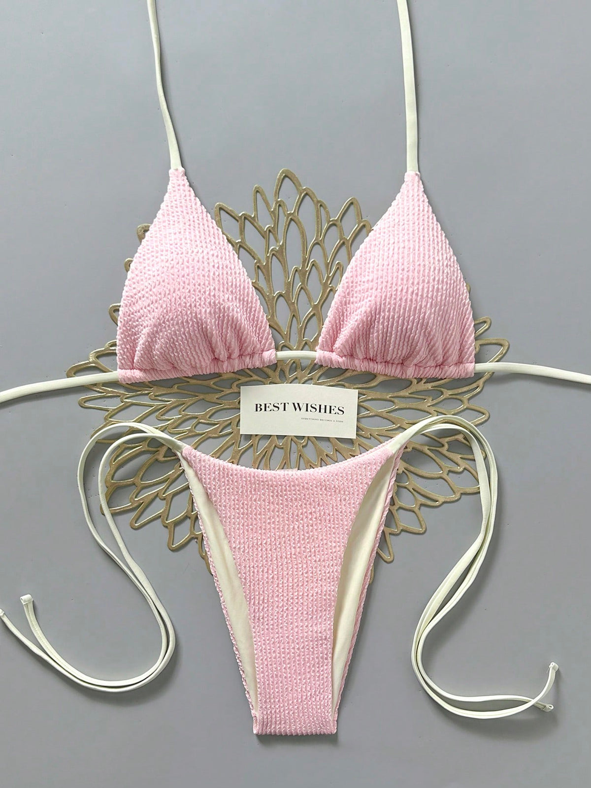 Swim Mod 2026 Spring/Summer Beige Spaghetti Strap Halter Neck Pink Pleated Textured Fabric Side High Cut Women's Bikini 2-Piece Set