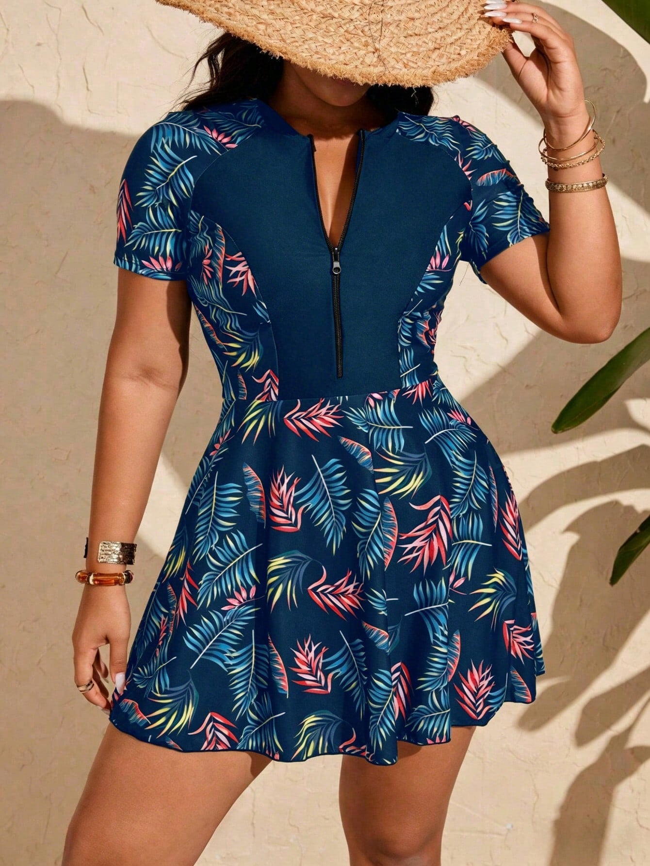 Swim Mulvari Plus Size Women Tree Leaf Print Zipper One-Piece Modest Swimwear Set Beach Navy Blue Summer