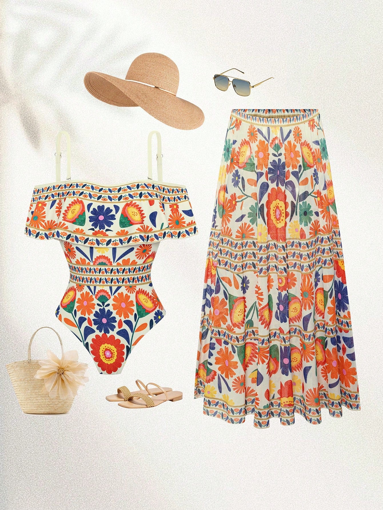 Swim Oasis 2026 New Spring/Summer Plus Size 2-Piece Set Women's Elegant Vintage Open Shoulder Detachable Strap One-Piece Swimsuit And Skirt Combination Suitable For Beach Vacation