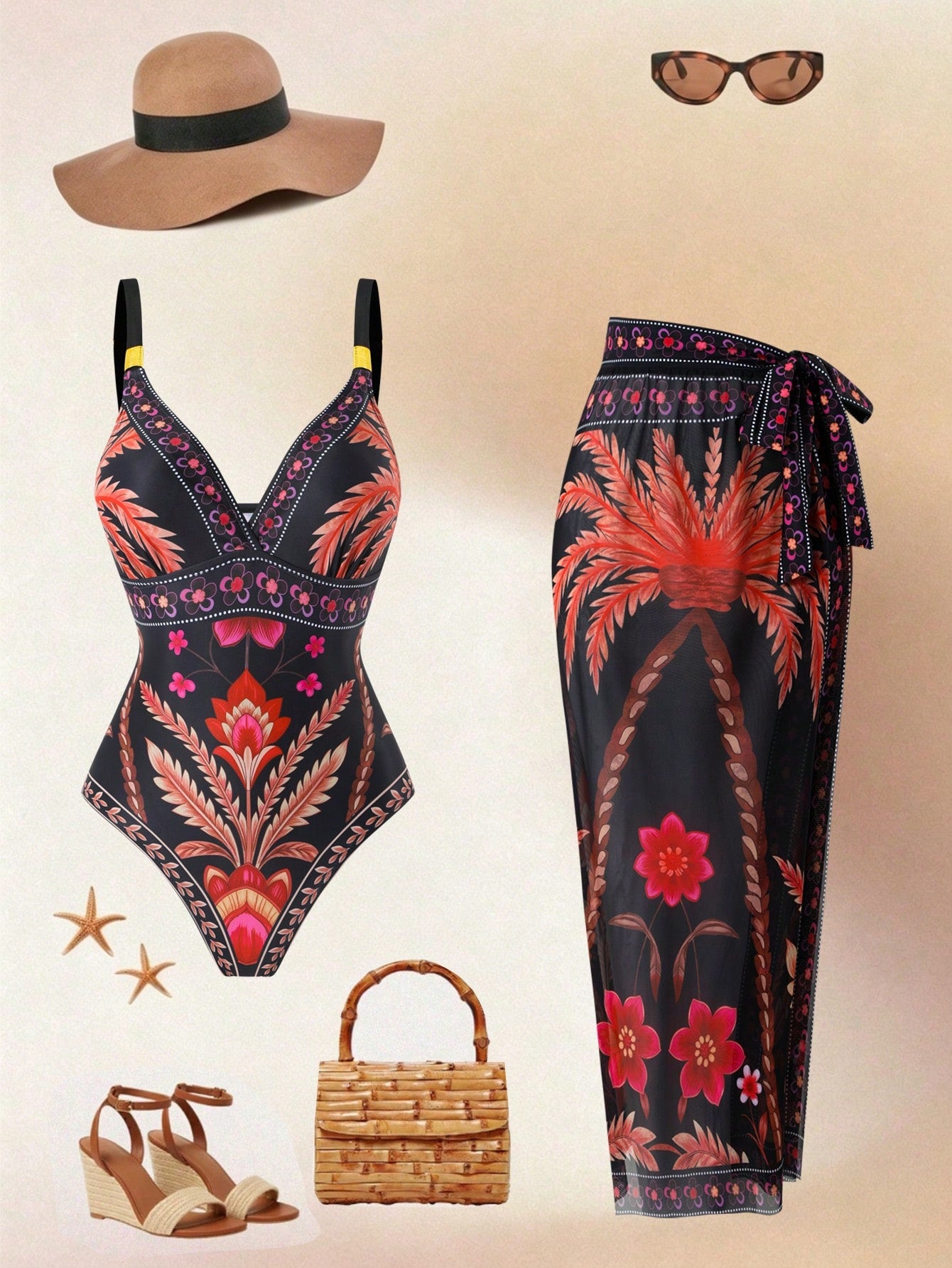 Swim Oasis Plus Size Black Floral Coconut Tree Print One-Piece Swimsuit With Matching Side Tie Skirt,Boho,Beach,Holiday,Summer,Multicolor,V-Neck Wide Strap Wear