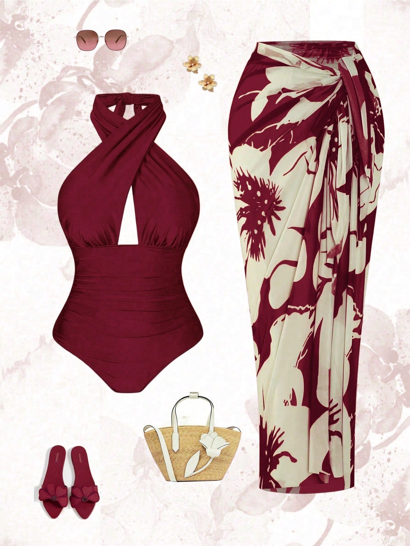Swim Oasis Plus Size Women 2pcs Set Halter Backless One Piece Swimsuit With Random Print Long Beach Cover Up Skirt, Vacation Casual Swimwear Set