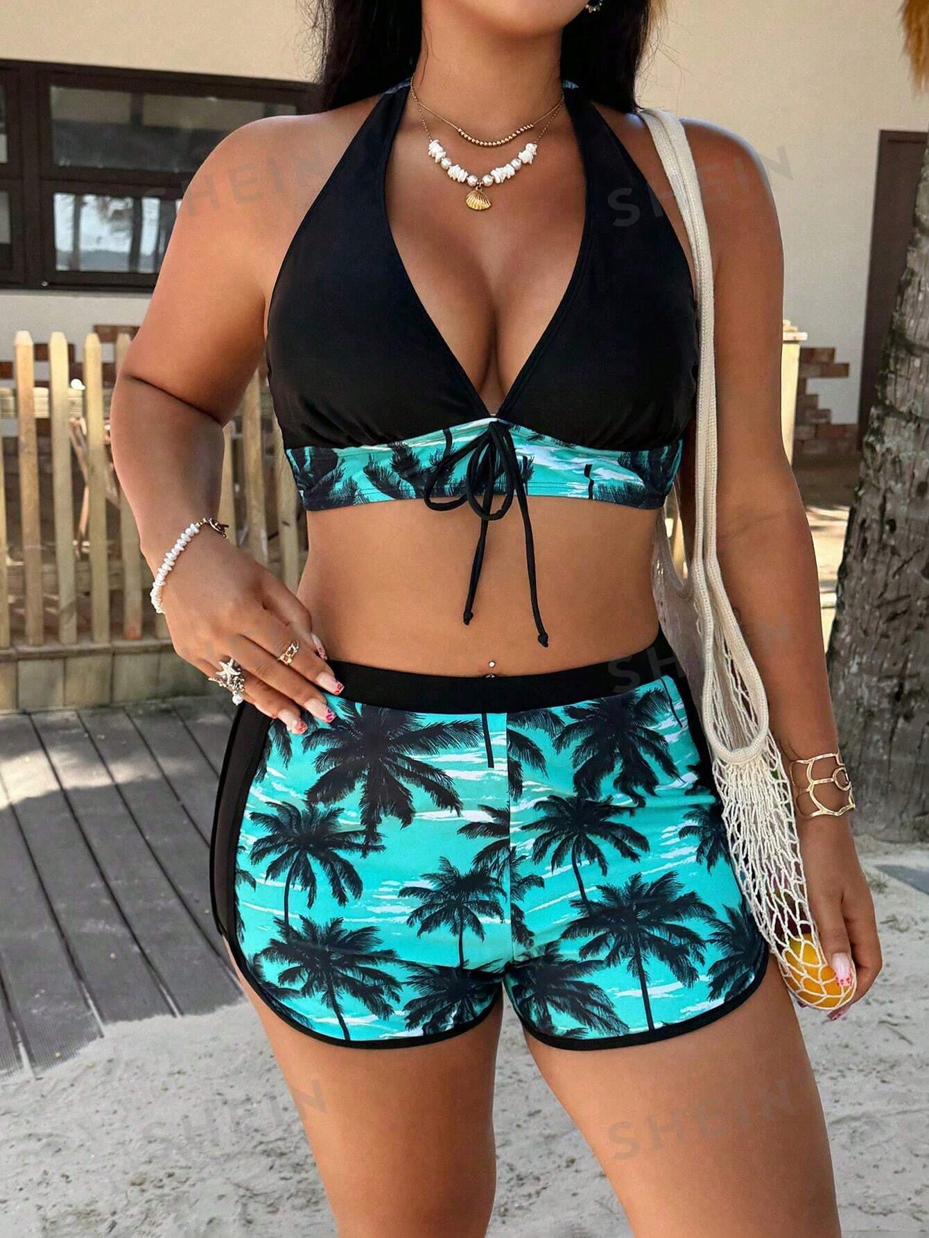 Swim Vcay 2026 New Spring Summer Plus Size Women's Tropical Coconut Tree Print Deep V-Neck Sexy Top With Hipster Bikini Bottoms Casual Vacation Style Beach Pool One-Piece Swimsuit