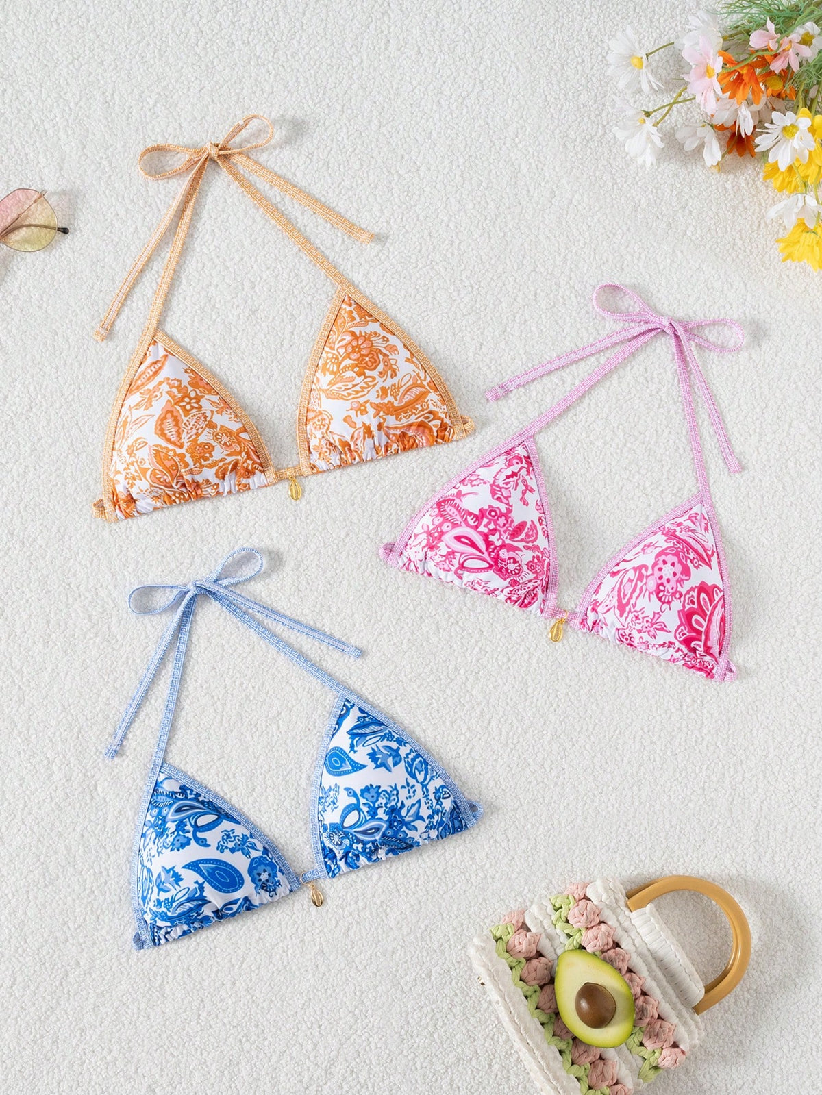 Swim Vcay Women 3pcs Set Blue And White Porcelain Print Halter Backless Bikini Top,Boho Decorative Shell Pirate Ship,White,Summer,Beach Vacation,Holiday,Party
