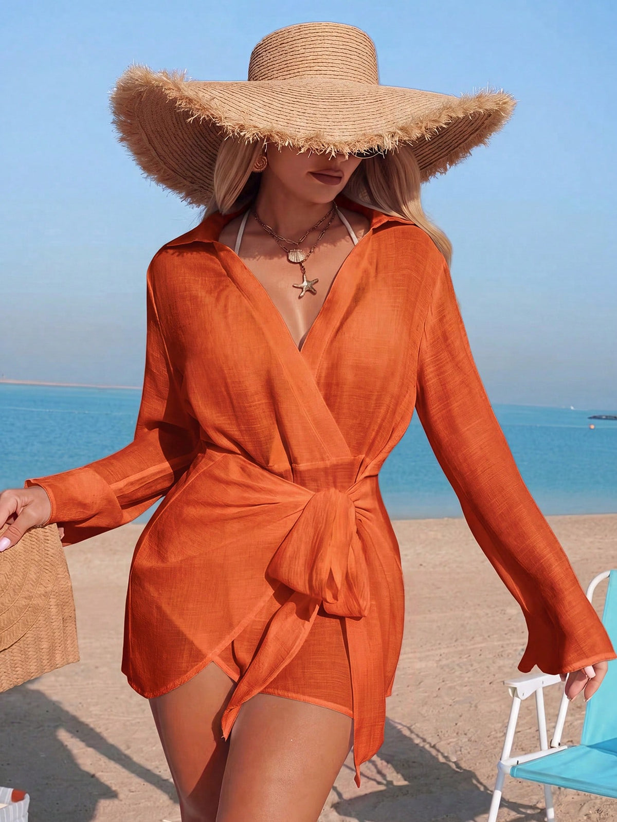 Swim Vcay Women's Burnt Orange Long Sleeve Shirt Collar Tie Casual Vacation Beach Vacation Cover-Up Dress Summer
