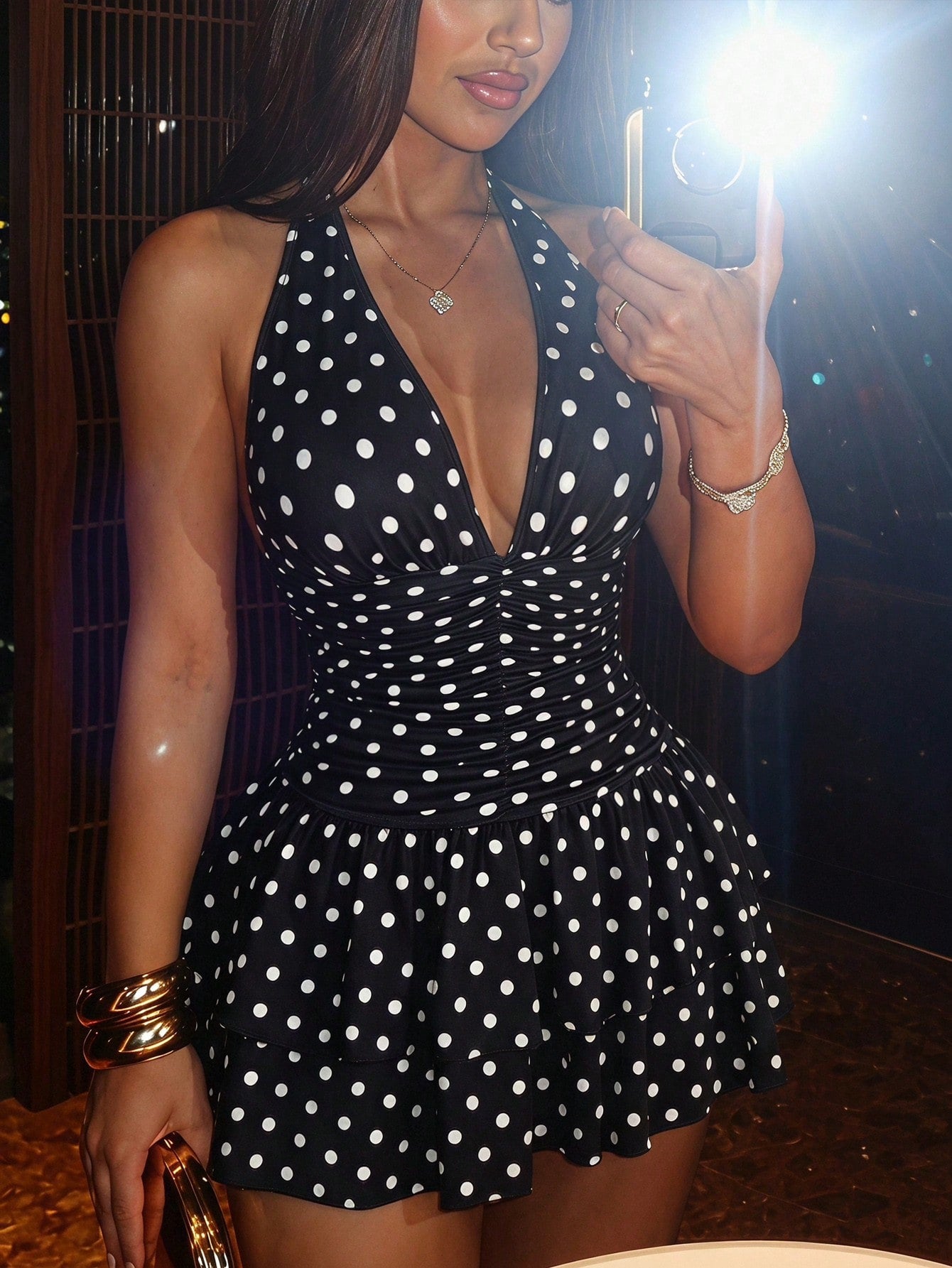 SXY Women's Polka Dot Print Deep V-Neck Sexy Halter Ruffle Dress Night Out Black And White Polka Dot Summer