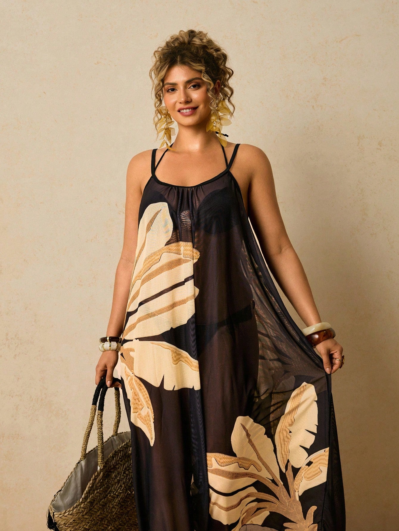 Travachic Plus Size Casual Tropical Beach Vacation Loose Fit Sleeveless Print Long Coverup For Women