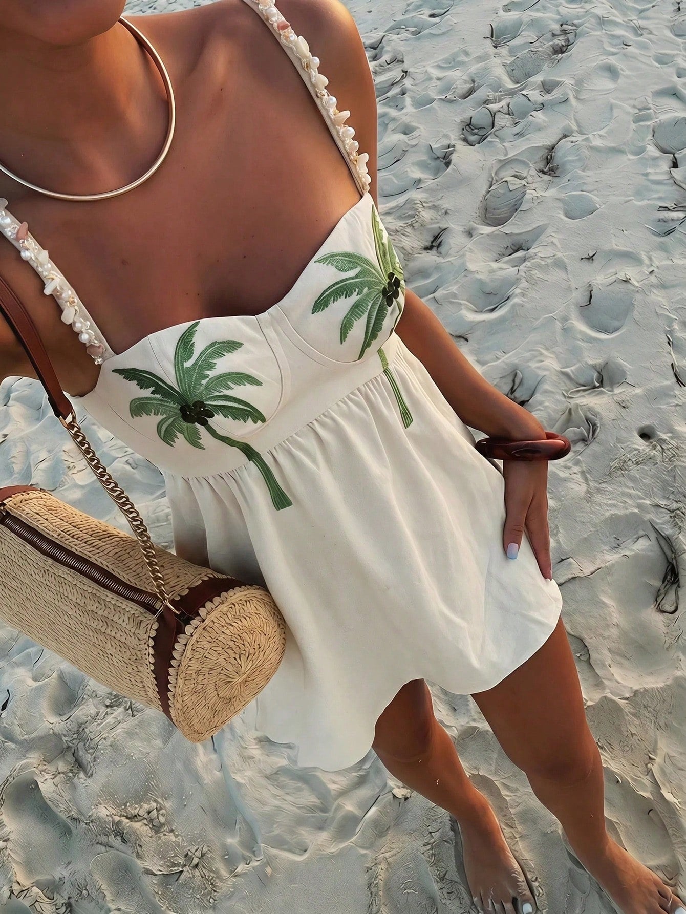 Ure Wave Women's Cute White Summer Tropical Beach Vacation Holiday Holiday Bohemian Linen Coconut Tree Pattern Embroidered A-Line Mini Dress Bodice Dresses