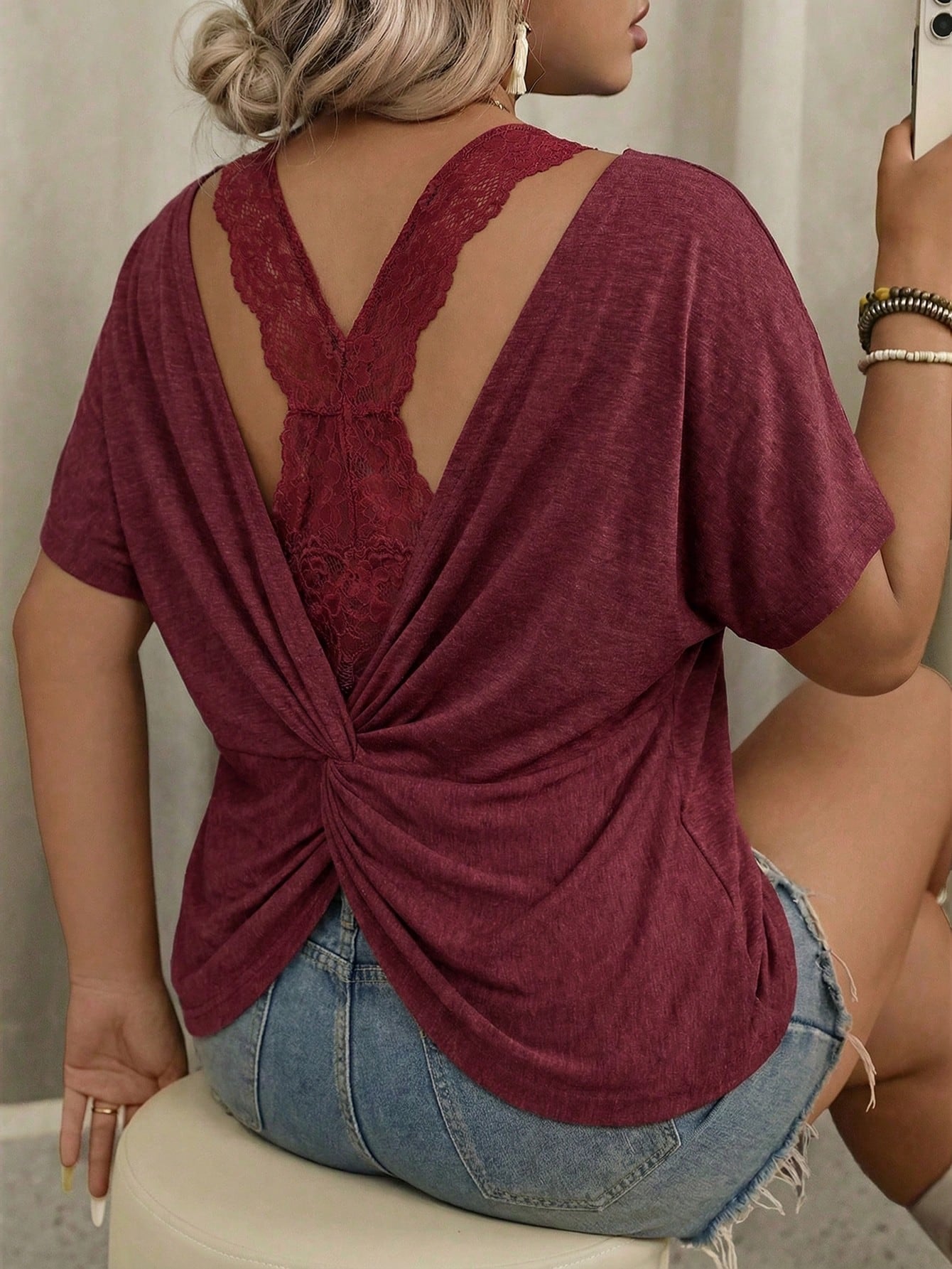 VCAY Plus Size Women's Solid Color Round Neck Criss-Cross Back Casual Versatile Daily Wear Short Sleeve T-Shirt