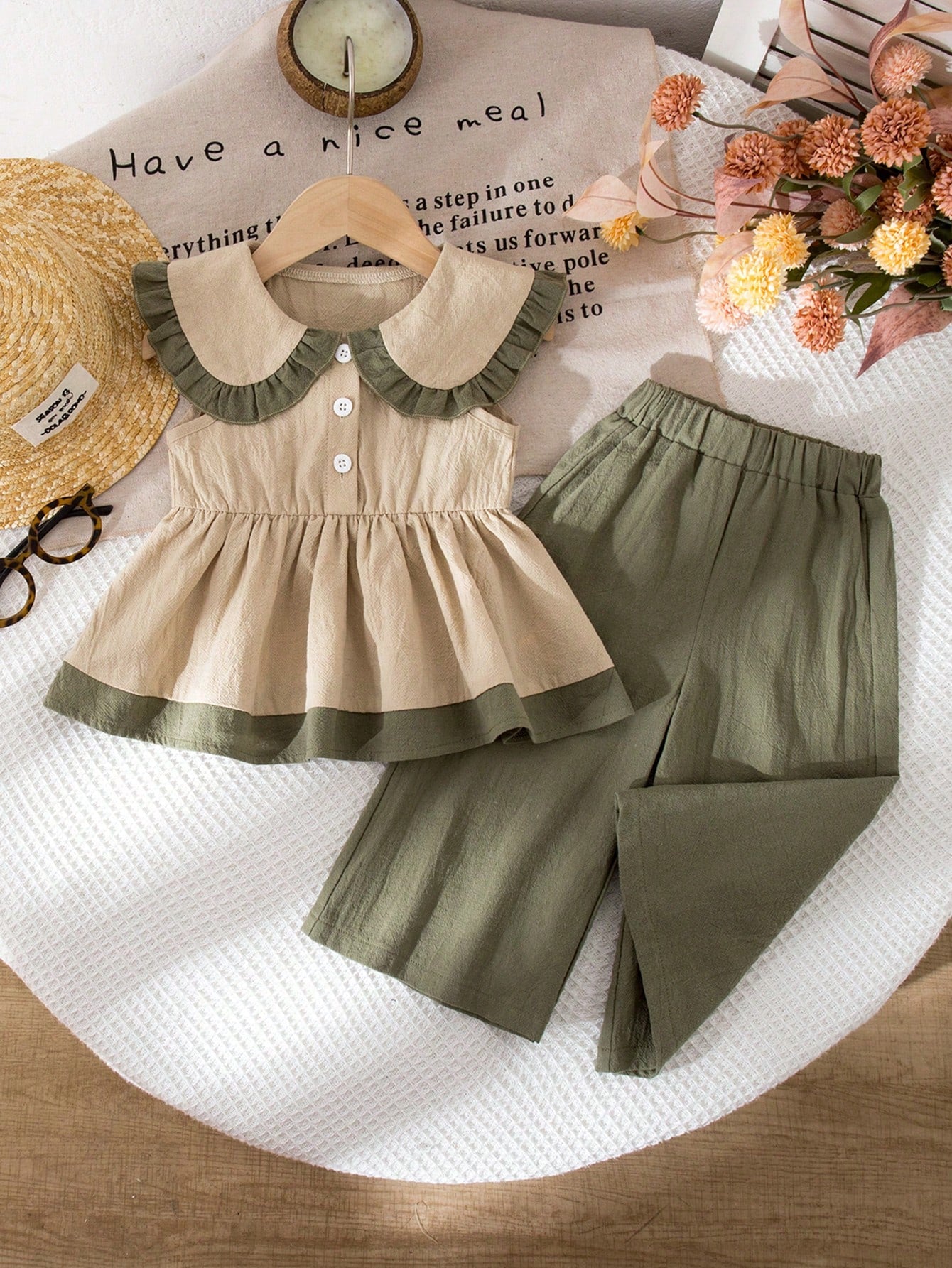 Vintaside Kids 2pcs/Set Baby Girl 0-3 Years Old Casual Daily Washed Cotton Oversized Collar Sleeveless Shirt Top And Wide Leg Pants Set