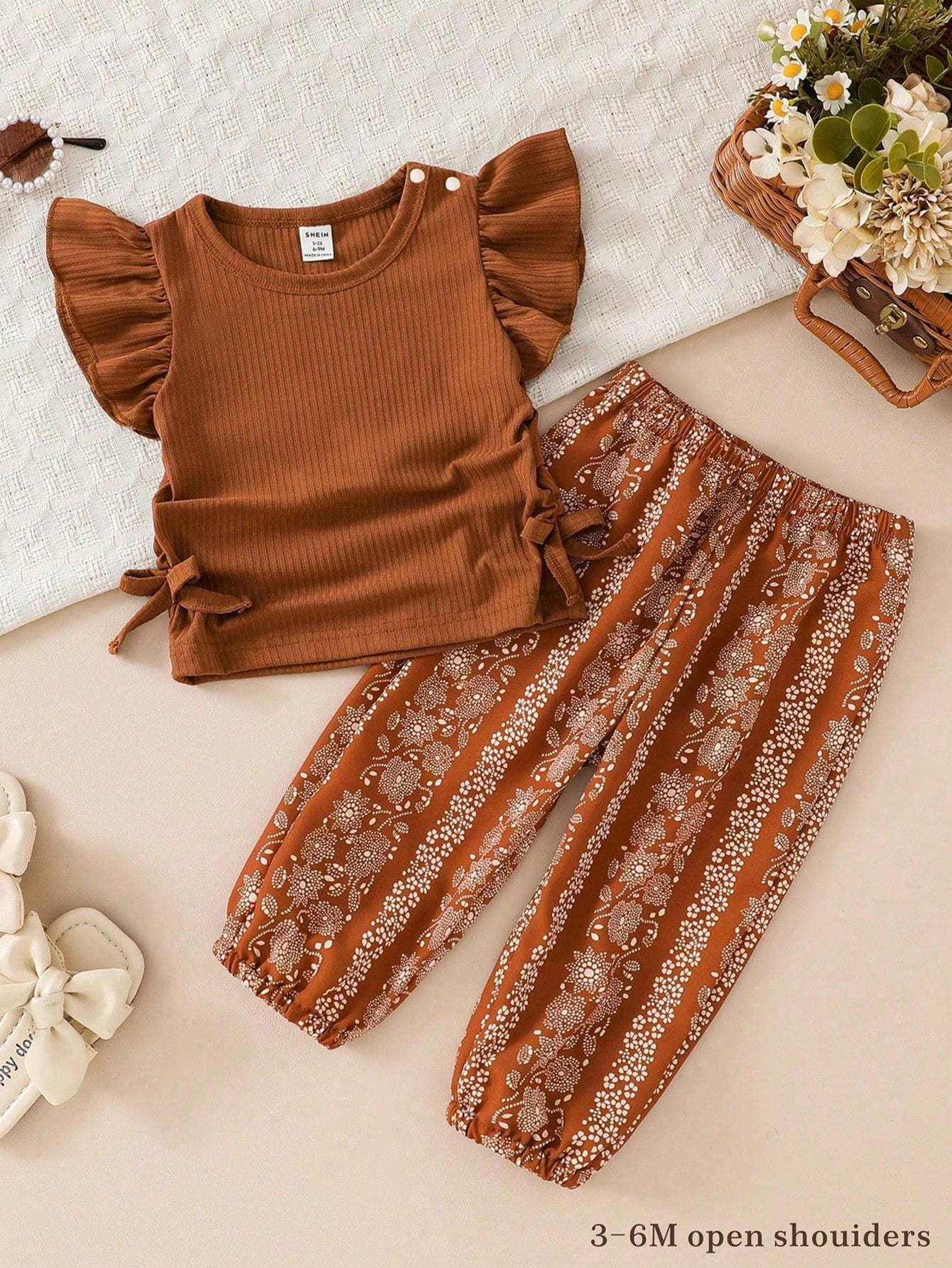 Vintaside Kids 2pcs/Set Baby Girls Ribbed Round Neck Cap Sleeve T-Shirt And Printed Pants Set Girl Clothing Outfit Good For Party Vacation Summer Clothes Toddle