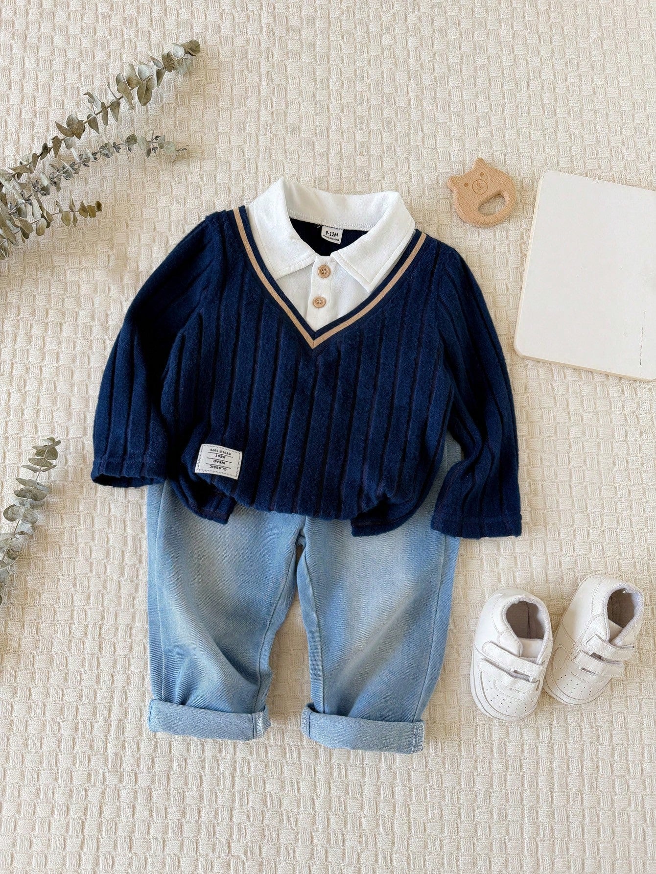 Vintaside Kids Babyboy Infant Boy Autumn 2-Piece Set With Faux Layered Collar Long Sleeve Fashion Elegant Top And Versatile Casual Washed Denim Pants, Suitable For Parties, School Activities, Da