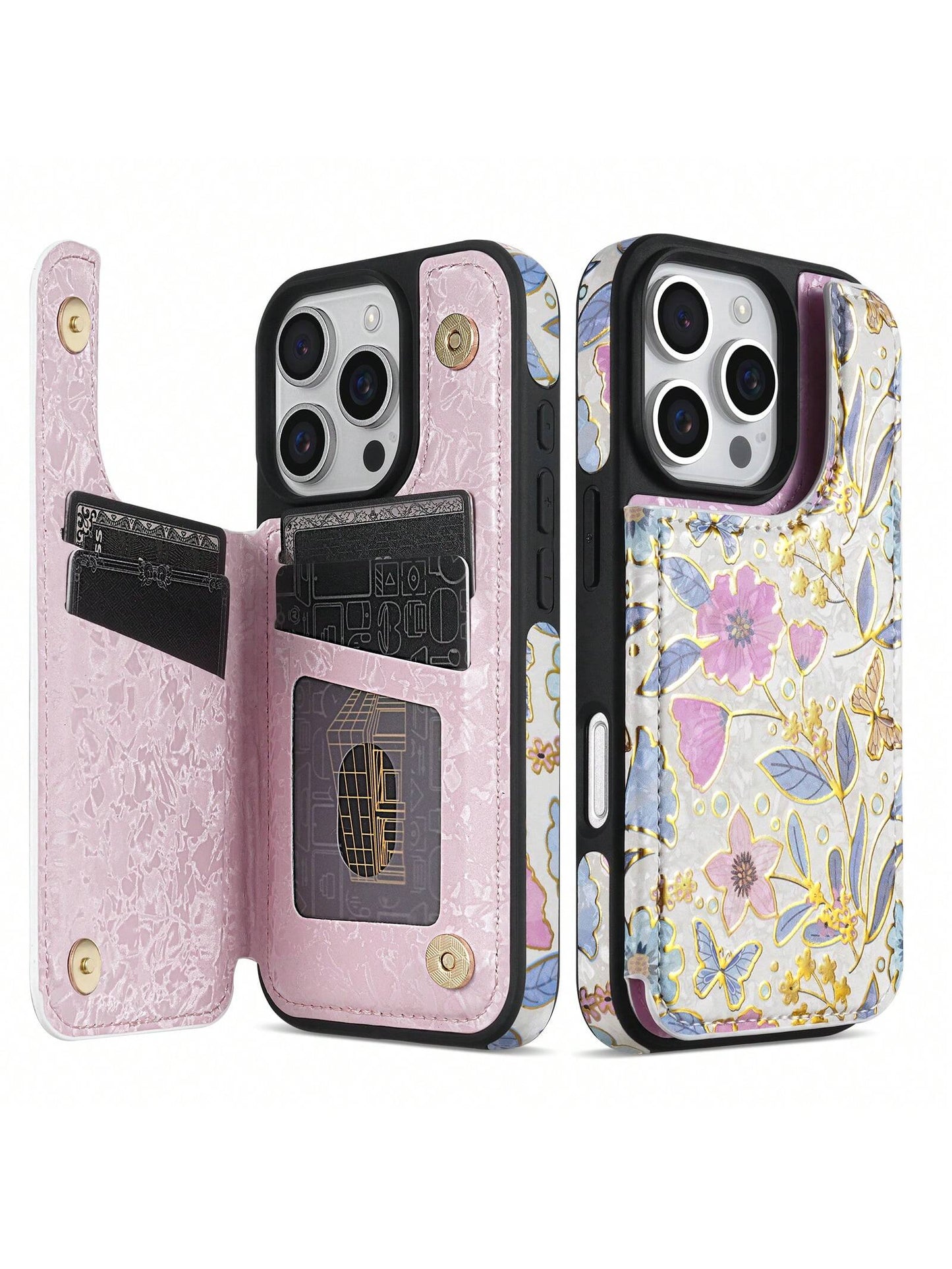 Wallet Foil Printed Embossing Hot Stamped Floral Pattern Double Buckle RFID Blocking Anti Theft Brush With Card Slot Photo Frame Support Function Magnetism Flip PU Artificial Leather Case Compatible W