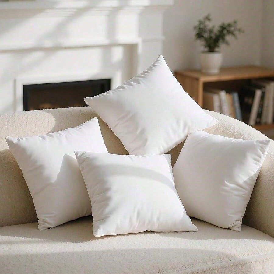 White Square Pillow 4-Piece Set – Sofa Pillow, Soft Fabric, Furry Texture, Suitable For Bed Or Sofa Use – Bedding, Graduation Gift, Home Decor, Dorm Sleep Protection, Plush Filled Core, Daily Use, Sim