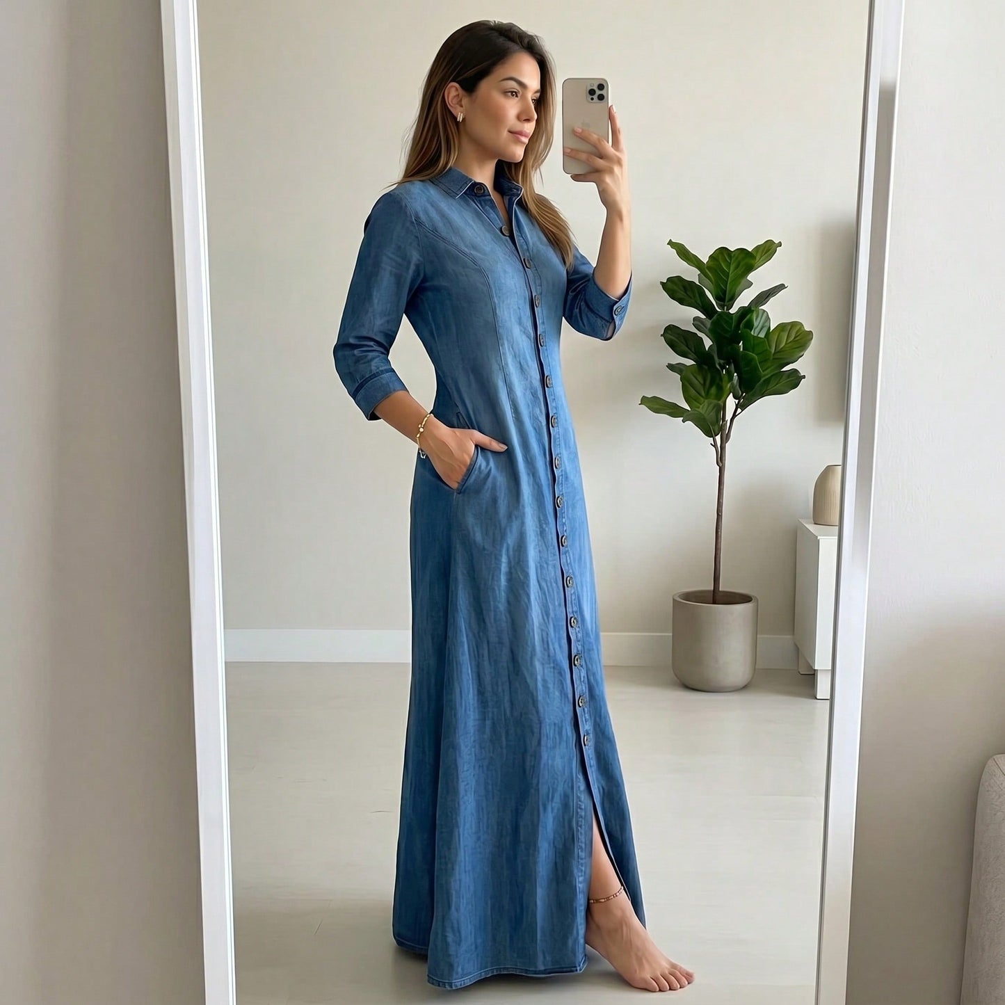 Women's Blue Denim Shirt Maxi Dress, 3/4 Sleeve Button-Front Casual Long Dress With Pockets