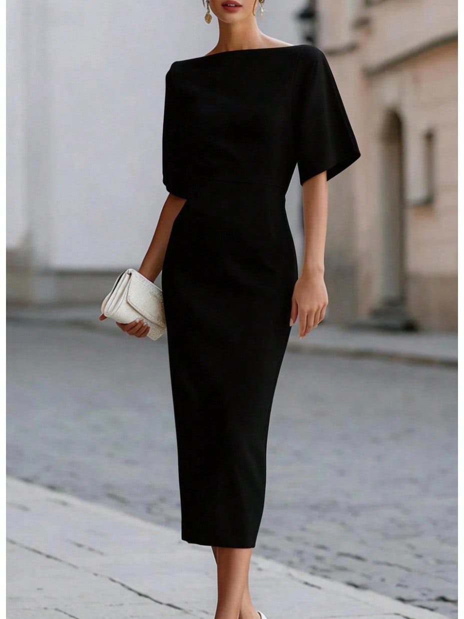 Women's Boat Neck Short Sleeve Midi Dress, Form-Fitting Minimalist Elegant Dress, Formal Bridal Cocktail Special Occasion Outfit