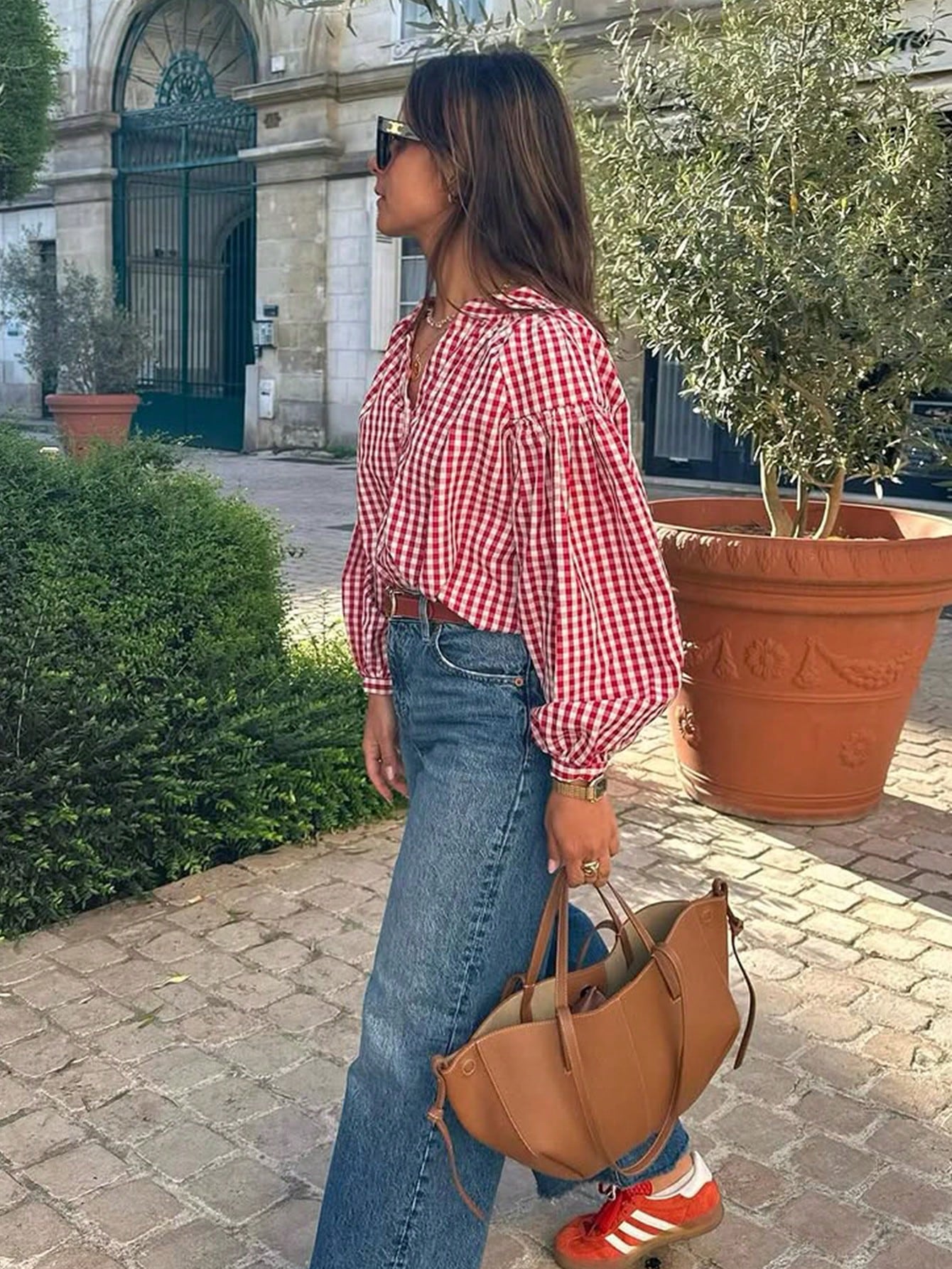 Women's Casual Street Style V-Neck Button Half Placket Long Sleeve Plaid Shirt, Spring/Summer Red