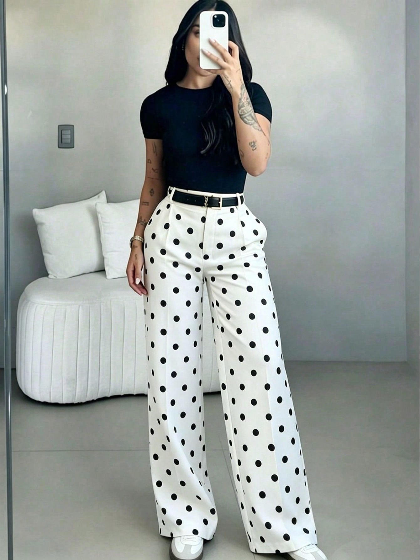 Women's White Polka Dot High Waist Slim Fit Wide Leg Pants, Bohemian Street Style, Suitable For Spring/Summer Daily Wear, Work Commute, Vacation, Fashionable And Elegant (Belt Not Included), Boho Chic
