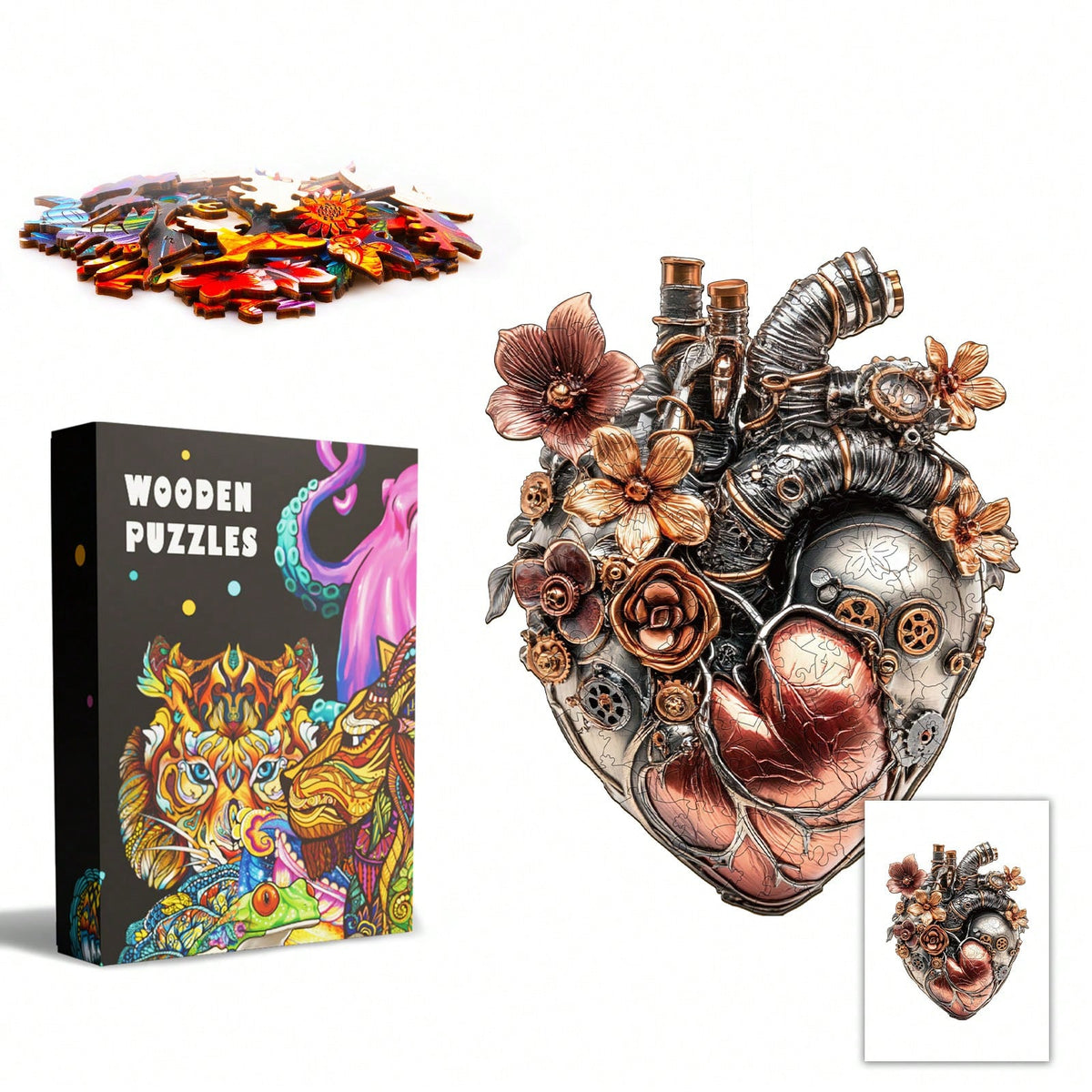 WOODBESTS 1PC Mechanical Heart Wooden Irregular Puzzle, Animal-Shaped 2D Jigsaw Toy For Kids And Adults. Educational Game, Great Gift For Party, Holiday, Christmas And Birthday. Unique Magical Desktop