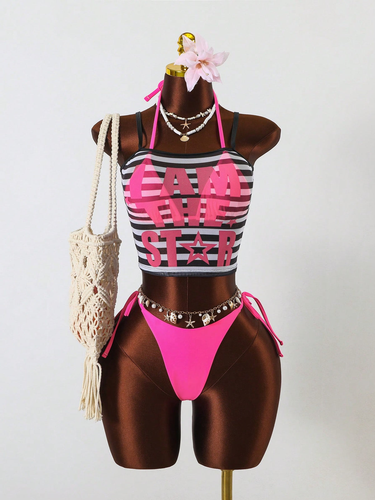 Zestiva 3-Piece Set,Pink And White Striped,Summer,Casual,Beach,Holiday,Vacation,Holiday,Floral Camisole,Bra&Side Tie Bikini Bottoms, Tank Suit,Y2K