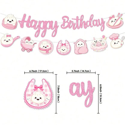 1/13pcs Cute Dumpling Theme Birthday Party Decoration Set, Pink Glitter Happy Birthday Banner, Cupcake Toppers, Main Cake Topper, Honeycomb Hanging Decor, Chinese Dim Sum Theme Party Supplies, Suitabl