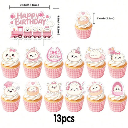 1/13pcs Cute Dumpling Theme Birthday Party Decoration Set, Pink Glitter Happy Birthday Banner, Cupcake Toppers, Main Cake Topper, Honeycomb Hanging Decor, Chinese Dim Sum Theme Party Supplies, Suitabl