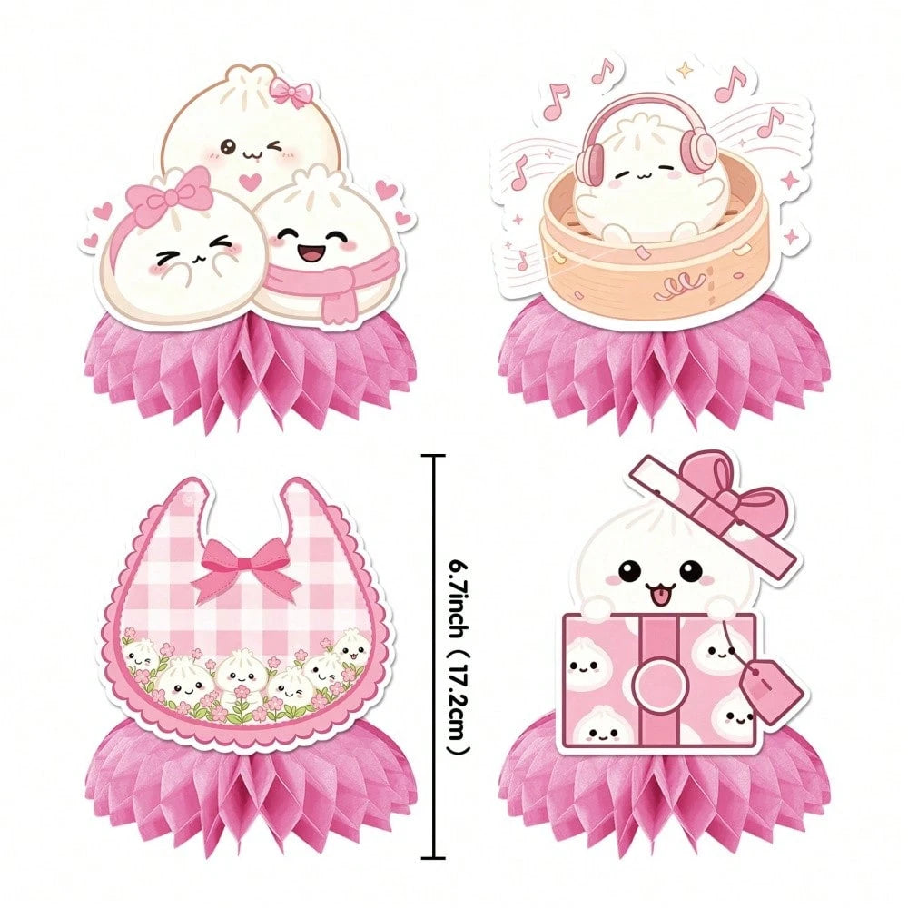 1/13pcs Cute Dumpling Theme Birthday Party Decoration Set, Pink Glitter Happy Birthday Banner, Cupcake Toppers, Main Cake Topper, Honeycomb Hanging Decor, Chinese Dim Sum Theme Party Supplies, Suitabl
