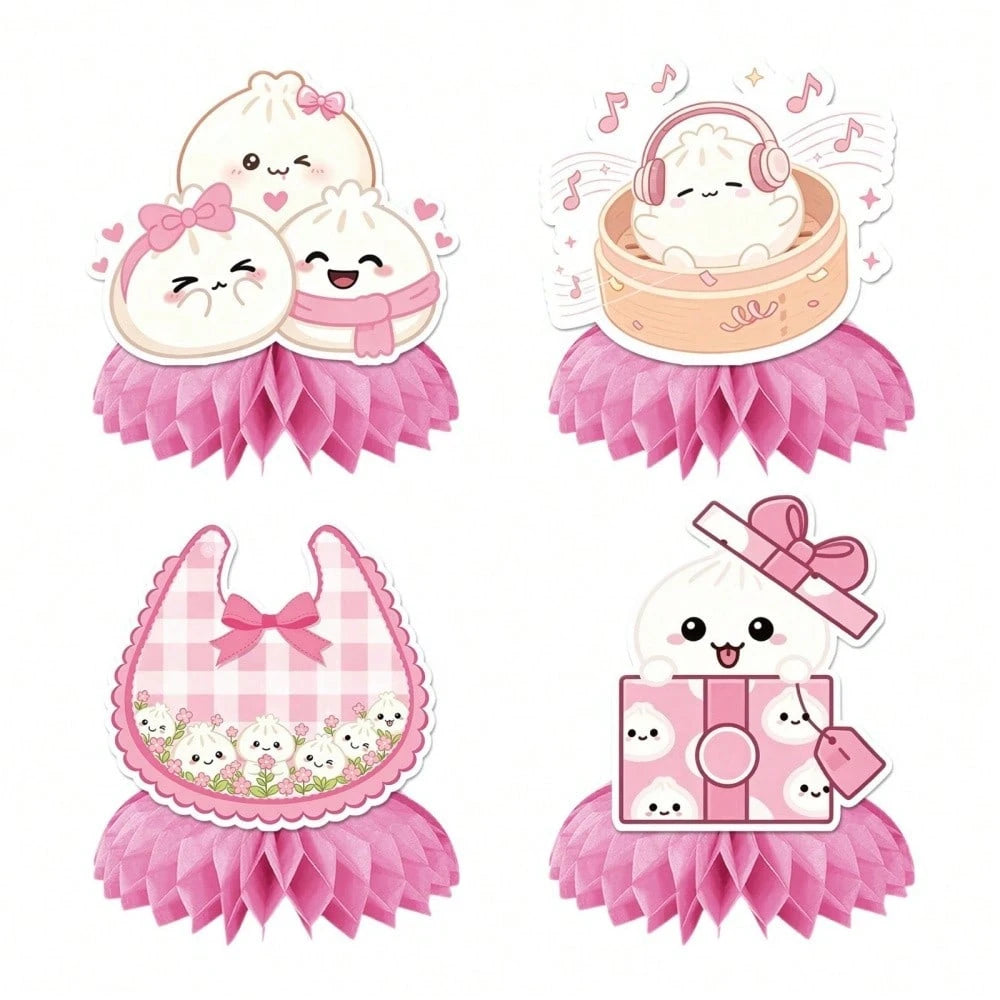 1/13pcs Cute Dumpling Theme Birthday Party Decoration Set, Pink Glitter Happy Birthday Banner, Cupcake Toppers, Main Cake Topper, Honeycomb Hanging Decor, Chinese Dim Sum Theme Party Supplies, Suitabl