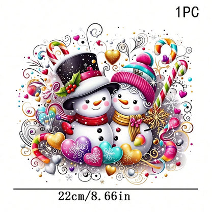 1/2/3PCS Durable Washable Heat Transfer Prints, Couple Snowman Hat Knit Scarf Candy Cane Colorful Heart Holly Snowflake Curly Pattern Colorful Dreamy Watercolor Romantic Christmas Pattern Heat Transfe