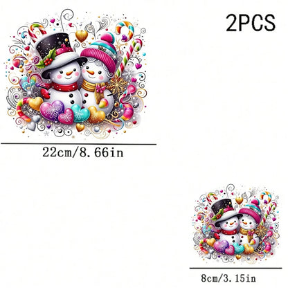 1/2/3PCS Durable Washable Heat Transfer Prints, Couple Snowman Hat Knit Scarf Candy Cane Colorful Heart Holly Snowflake Curly Pattern Colorful Dreamy Watercolor Romantic Christmas Pattern Heat Transfe