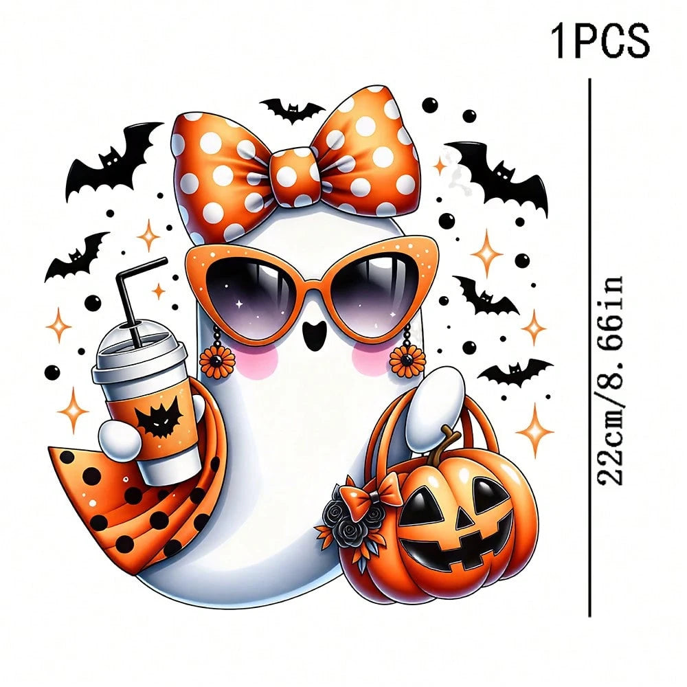 1/2/3PCS Durable Washable Heat Transfer Vinyl, Halloween Cool Ghost Polka Dot Bow Fashion Glasses Pumpkin Bat Drink Pattern Mixed Color Heat Transfer, Vinyl Print, Heat Transfer Sticker, Iron-On Trans