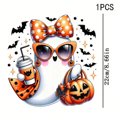 1/2/3PCS Durable Washable Heat Transfer Vinyl, Halloween Cool Ghost Polka Dot Bow Fashion Glasses Pumpkin Bat Drink Pattern Mixed Color Heat Transfer, Vinyl Print, Heat Transfer Sticker, Iron-On Trans