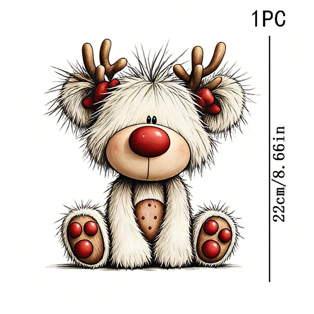 1/2/3PCS Durable Washable Heat Transfer Vinyl, Fluffy White Fur Red Nose Cartoon Reindeer Red Polka Dot Paw Print Christmas Cute Pattern, Heat Transfer Sticker, Iron-On Transfer Sticker Decal- Suitab