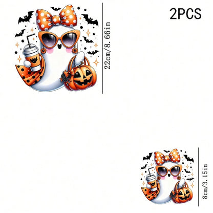 1/2/3PCS Durable Washable Heat Transfer Vinyl, Halloween Cool Ghost Polka Dot Bow Fashion Glasses Pumpkin Bat Drink Pattern Mixed Color Heat Transfer, Vinyl Print, Heat Transfer Sticker, Iron-On Trans