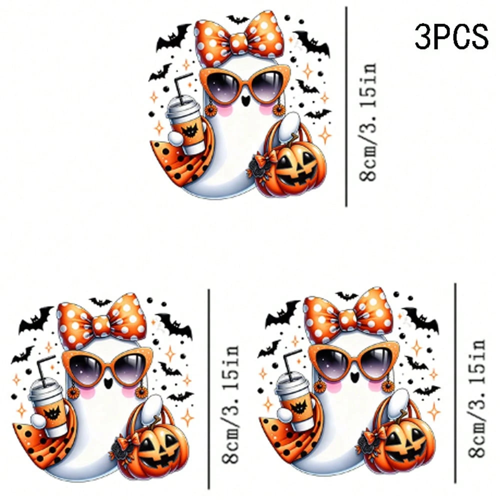 1/2/3PCS Durable Washable Heat Transfer Vinyl, Halloween Cool Ghost Polka Dot Bow Fashion Glasses Pumpkin Bat Drink Pattern Mixed Color Heat Transfer, Vinyl Print, Heat Transfer Sticker, Iron-On Trans