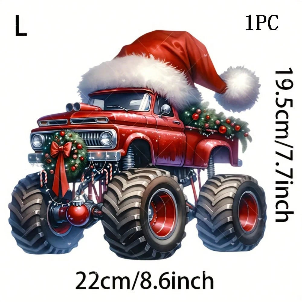 1/2/3PCS Red Christmas Hat Big Truck Heat Transfer Sticker, Washable And Iron-On, Suitable For DIY T-Shirts, Sweatshirts, Hoodies, Jeans, Backpacks, Pillows, Holiday Decorations
