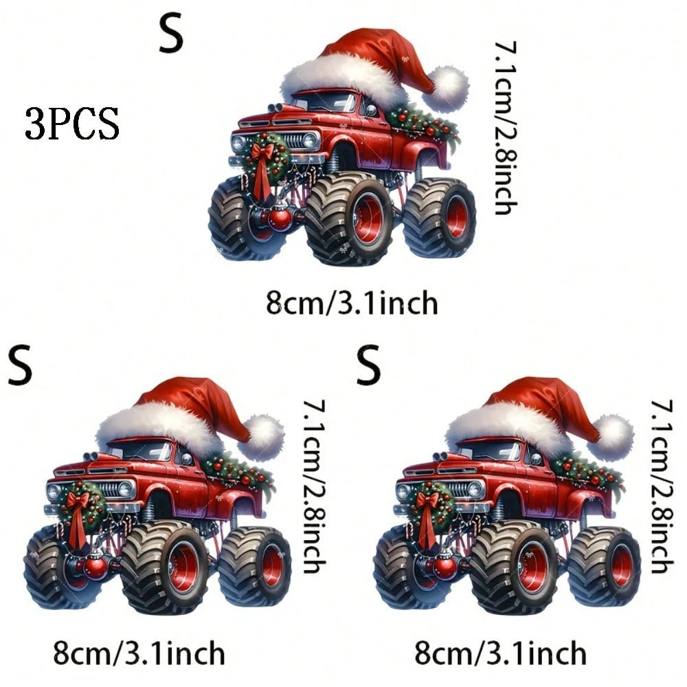 1/2/3PCS Red Christmas Hat Big Truck Heat Transfer Sticker, Washable And Iron-On, Suitable For DIY T-Shirts, Sweatshirts, Hoodies, Jeans, Backpacks, Pillows, Holiday Decorations