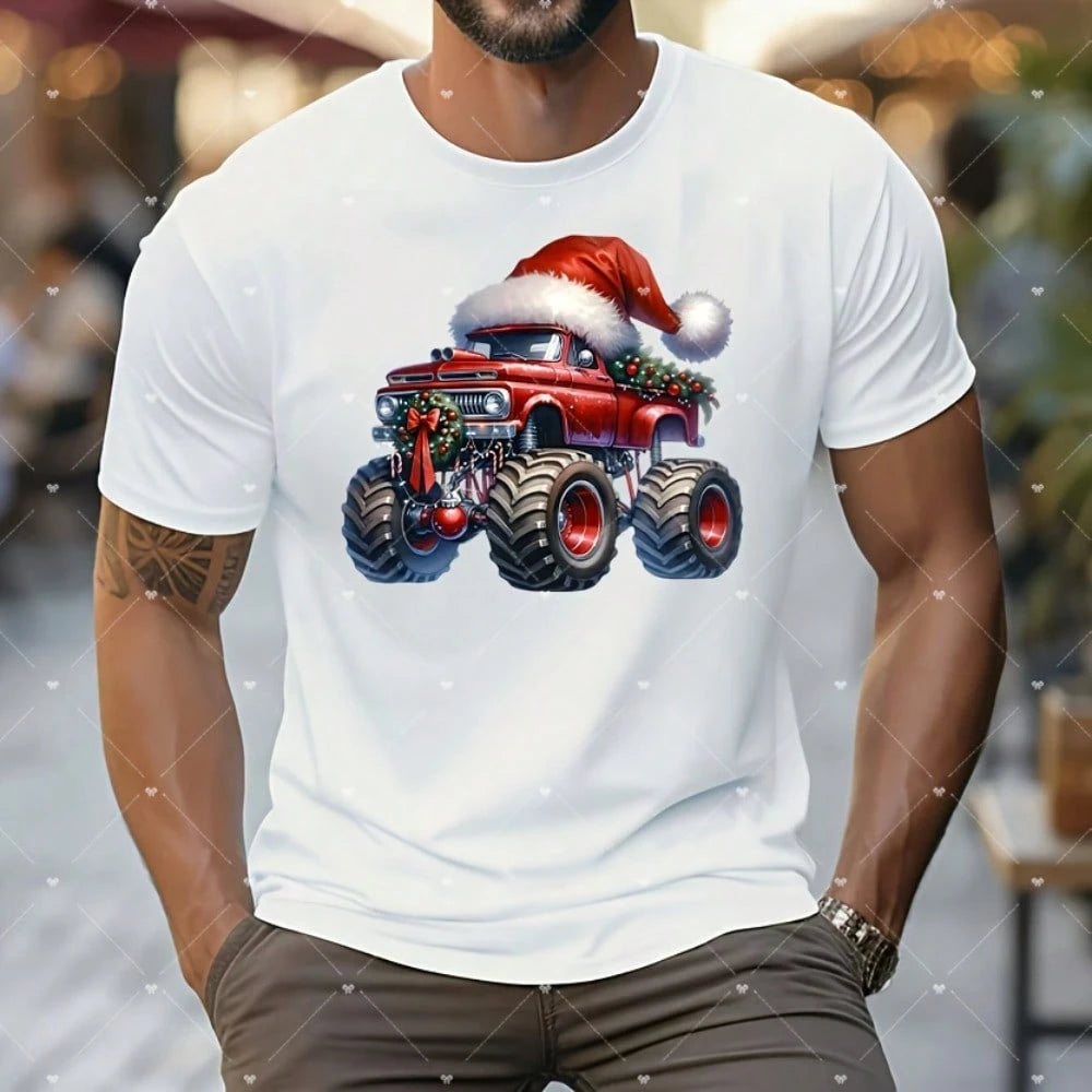 1/2/3PCS Red Christmas Hat Big Truck Heat Transfer Sticker, Washable And Iron-On, Suitable For DIY T-Shirts, Sweatshirts, Hoodies, Jeans, Backpacks, Pillows, Holiday Decorations