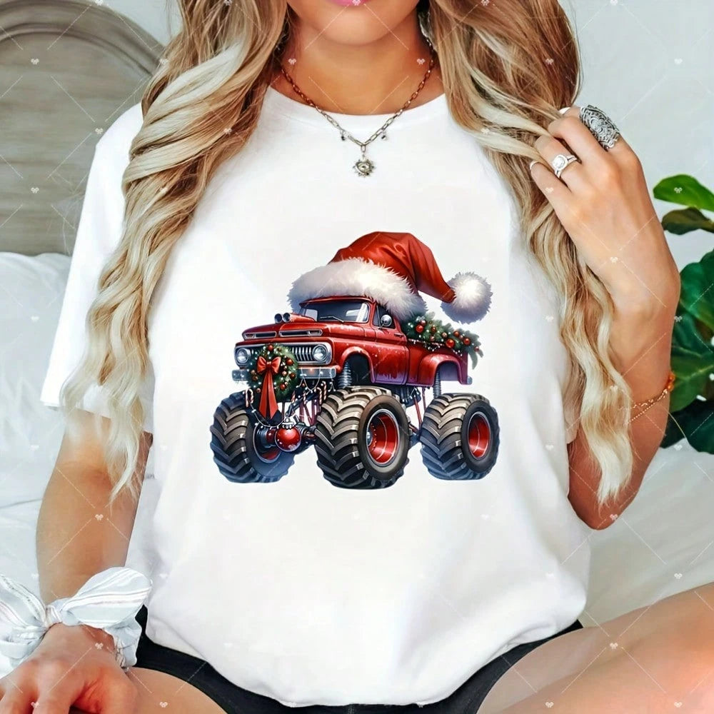 1/2/3PCS Red Christmas Hat Big Truck Heat Transfer Sticker, Washable And Iron-On, Suitable For DIY T-Shirts, Sweatshirts, Hoodies, Jeans, Backpacks, Pillows, Holiday Decorations