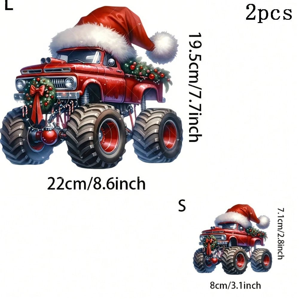 1/2/3PCS Red Christmas Hat Big Truck Heat Transfer Sticker, Washable And Iron-On, Suitable For DIY T-Shirts, Sweatshirts, Hoodies, Jeans, Backpacks, Pillows, Holiday Decorations