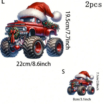 1/2/3PCS Red Christmas Hat Big Truck Heat Transfer Sticker, Washable And Iron-On, Suitable For DIY T-Shirts, Sweatshirts, Hoodies, Jeans, Backpacks, Pillows, Holiday Decorations